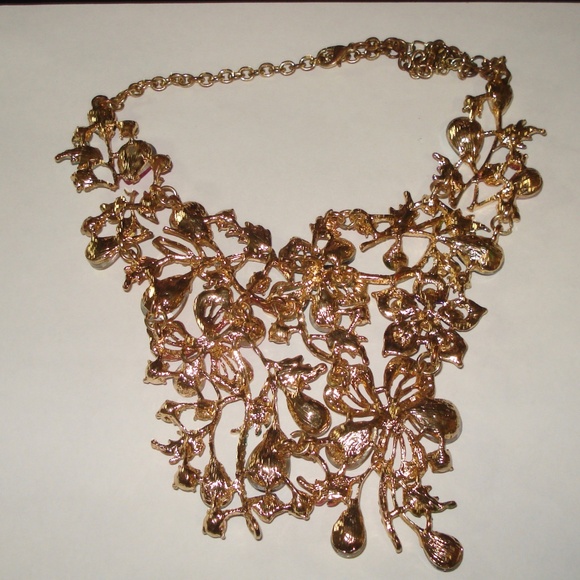 Large Multicolored Rhinestone Goldtone Metal Bib Necklace - Picture 4 of 5